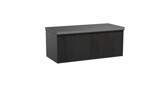 Balmani Forma hängendes Möbelstück Set: 120 x 55 cm, Schwarze Eiche, mit Rock Einzel Waschtischplatte, Granit, Schwarzes Granit, Vertikale symmetrische gerade Rippe