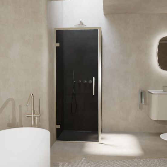 Balmani Senses Design douchehoek met linkse draaideur en vaste zijwand, 90 x 100 cm, Rookglas, Brushed CoolMetal profielen