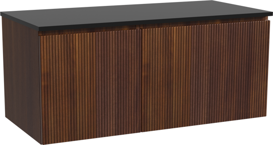 Storke Ribs zwevend badmeubel 110 x 52 cm notenhout met Panton enkel wastafelblad in gepoedercoate mdf mat zwart, Verticale symmetrische rechte ribbel