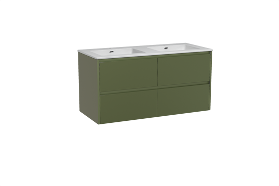 Storke Seda meuble salle de bains suspendu 120 x 52 cm vert olive avec Diva double vasque en marbre composite blanc brillant