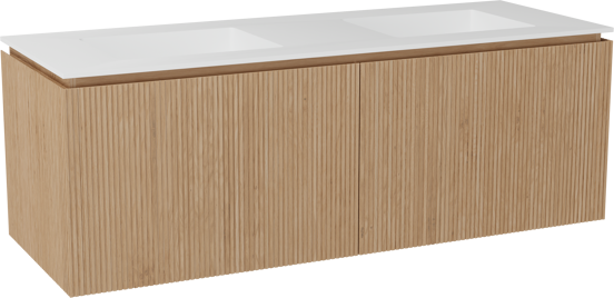 Balmani Eclips zwevend badkamermeubel 150 x 55 cm Natuur eik met Tablo Stretto dubbele wastafel in Solid Surface mat wit, Verticale symmetrische rechte ribbel