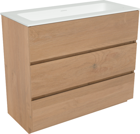 Storke Edge meuble salle de bains à poser 100 x 46 cm chêne brut avec Mata plan simple en solid surface blanc mat
