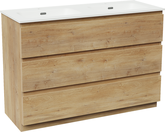 Linie Lado freistehendes Möbelstück Set: 120 x 46 cm, Naturbelassene Eiche, mit Baro Doppelwaschtisch, Porzellan Weiß matt