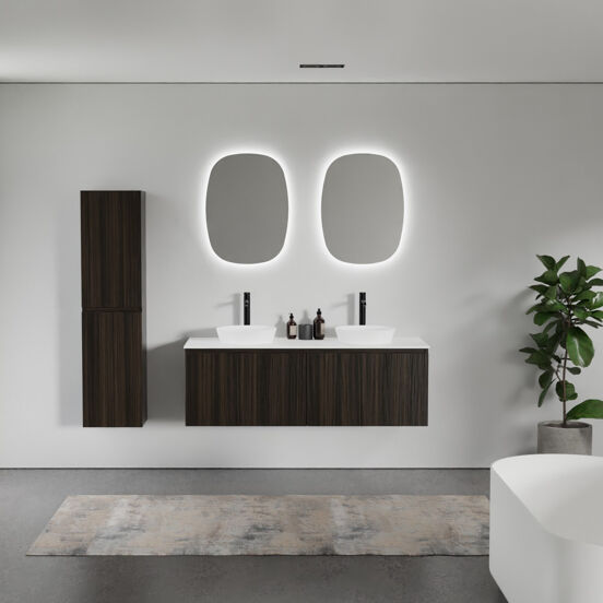 Balmani Sfera meuble salle de bains suspendu 150 x 55 cm eucalyptus avec Stretto tablette simple ou double en solid surface blanc mat