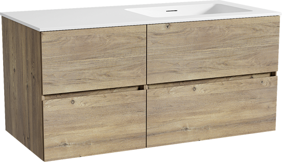 Storke Edge meuble salle de bains suspendu 110 x 52 cm chêne brut avec Mata plan vasque asymétrique à droite en solid surface blanc mat