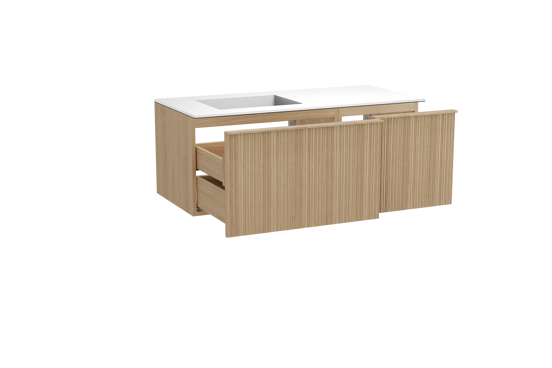 Balmani Forma meuble salle de bains suspendu 120 x 55 cm chêne naturel avec Tablo Stretto vasque asymétrique gauche en solid surface blanc mat, Nervure circulaire asymétrique verticale