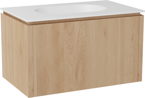 Balmani Eclips hängendes Möbelstück Set: 90 x 55 cm, Eiche Natur, mit Tablo Oval Einzelwaschtisch Solid Surface Weiβ matt