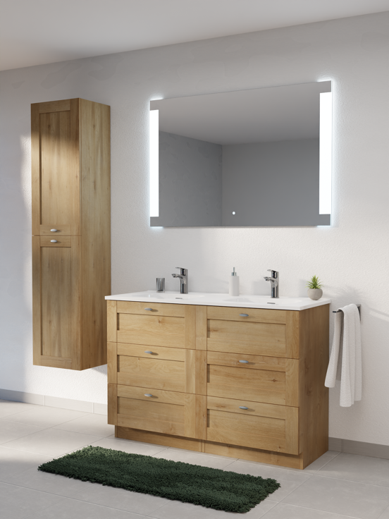 Linie Classo meuble salle de bains à poser 120 x 46 cm chêne naturel avec Baro double vasque en porcelaine blanc brillant