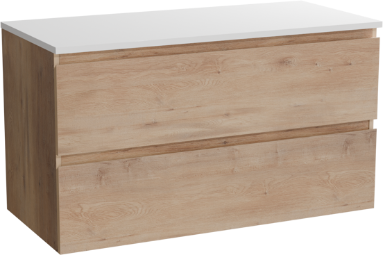 Linie Lado zwevend badmeubel 100 x 46 cm naturel eiken met Lado enkel of dubbel wastafelblad in composietmarmer mat wit