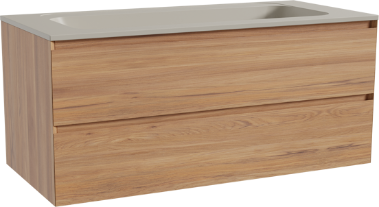 Balmani Mitra meuble salle de bains suspendu 120 x 55 cm teck avec Tablo Strada lavabo simple pour 2 trous de robinet en marbre composite soie grise