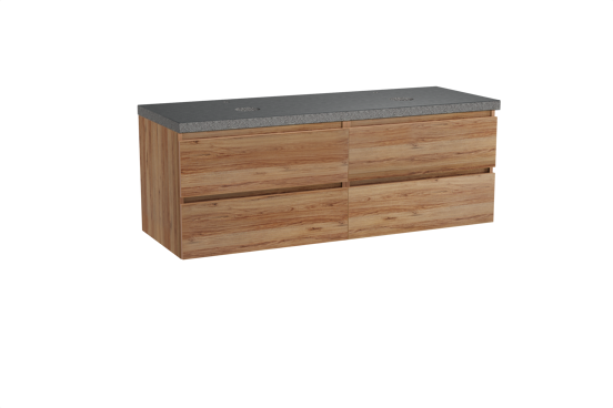Balmani Lucida zwevend badkamermeubel 150 x 55 cm teak met Rock dubbel tablet in graniet zwart