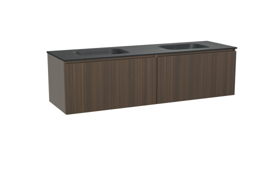Balmani Sfera hängendes Möbelstück Set: 180 x 55 cm, Eucalyptus, mit Tablo Arcato Doppelwaschtisch, Schwarzes Granit