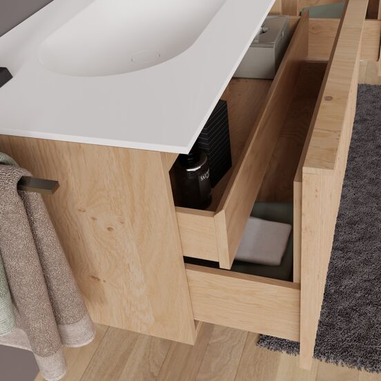 Balmani Forma zwevend badkamermeubel 150 x 55 cm natuur eik met Tablo Oval dubbele wastafel in solid surface mat wit, Verticale asymmetrische ronde ribbel