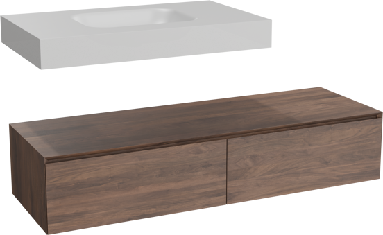 Balmani Mitra Elements hängendes Möbelstück Set: 150 x 55 cm, Amerikanischer Nussbaum mit Arcato Einzelwaschtisch 90 cm, Solid Surface Weiß matt
