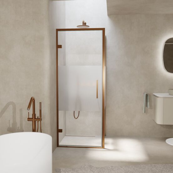 Balmani Senses Design douchehoek met linkse draaideur en vaste zijwand, 90 x 100 cm, Helder glas met matte strook, Brushed Rosegold profielen, met coating