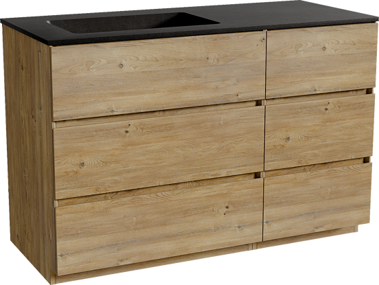 Storke Edge staand badmeubel 120 x 52 cm ruw eiken met Scuro asymmetrisch linkse wastafel in kwarts mat zwart