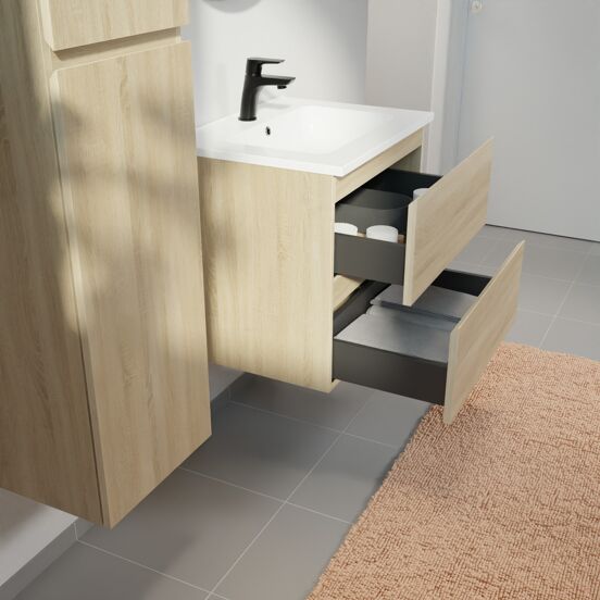 Linie Lado meuble salle de bains suspendu 60 x 46 cm chêne blanc avec Vano plan simple en marbre composite blanc brillant