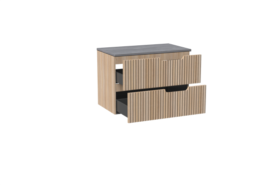 Linie Ribbo zwevend badmeubel 80 x 46 cm licht eiken met Lado enkel wastafelblad in melamine beton donkergrijs, Verticale symmetrische ronde ribbel