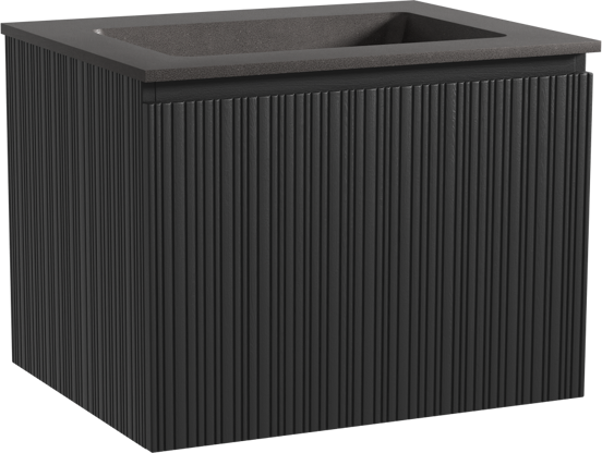 Storke Ribs zwevend badkamermeubel 65 x 52 cm zwarte eik met Scuro enkele wastafel in kwarts mat zwart, Verticale asymmetrische rechte ribbel