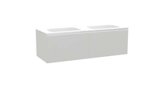 Balmani Fila zwevend badkamermeubel 150 x 55 cm mat wit met Tablo Strada dubbele wastafel in composietmarmer mat wit, Verticale symmetrische rechte ribbel