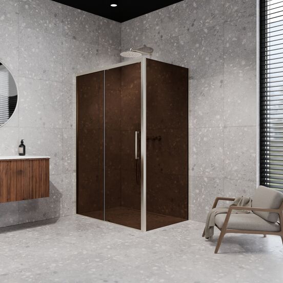 Balmani Senses Design douchehoek met linkse schuifdeur en vaste zijwand, 120 x 100 cm, Brons, Brushed CoolMetal profielen