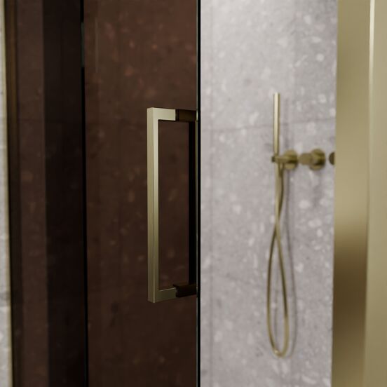 Balmani Senses Design douche en coin avec porte coulissante à gauche et paroi latérale fixe, 160 x 90 cm, Bronze, Profil Brushed Champagne Gold
