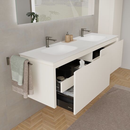Balmani Eclips zwevend badkamermeubel 180 x 55 cm Sandbeige met Eclips dubbele wastafel in Solid Surface mat wit