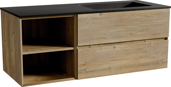 Storke Edge meuble salle de bains suspendu 130 x 52 cm chêne brut avec Scuro plan vasque asymétrique à droite en quartz noir mat