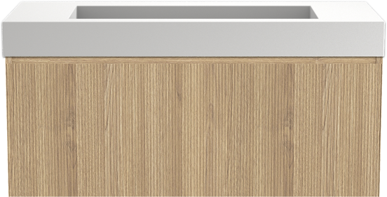 Balmani Fila hängendes Möbelstück Set: 120 x 55 cm, Naturbelassene Eiche, mit Modus Einzelwaschtisch für 2 Armaturenlöcher, Solid Surface, Weiß matt, Vertikale symmetrische gerade Rippe