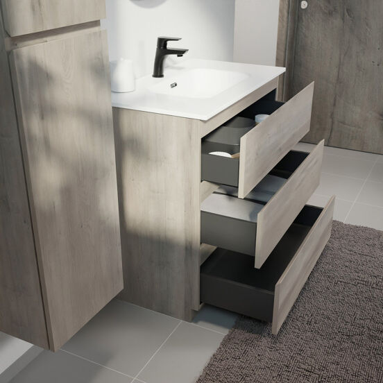 Linie Lado meuble salle de bains à poser 80 x 46 cm chêne gris avec Baro plan simple en porcelaine blanc brillant
