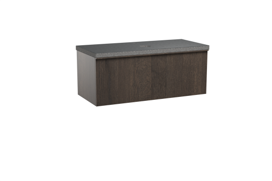 Balmani Forma hängendes Möbelstück Set: 120 x 55 cm, Geräucherte Eiche, mit Rock Einzel Waschtischplatte, Granit, Schwarzes Granit, Vertikale symmetrische gerade Rippe