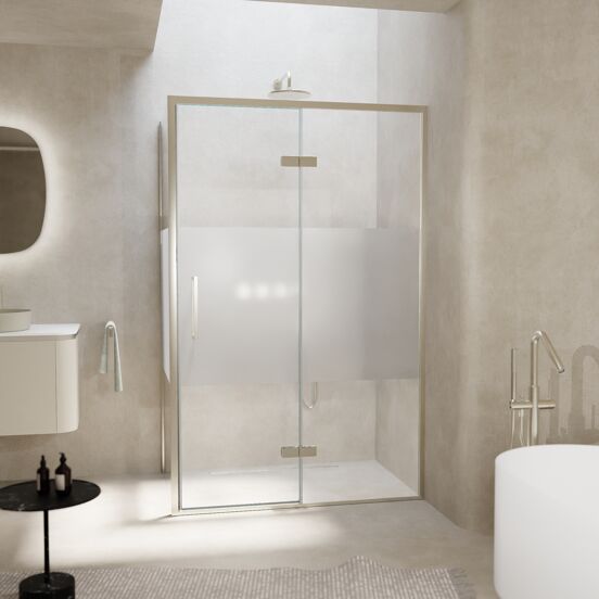 Balmani Senses Design douchehoek met rechtse draaideur en vaste zijwand, 120 x 100 cm, Helder glas met matte strook, Brushed CoolMetal profielen, met coating