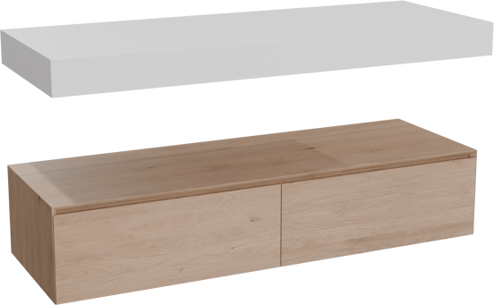 Balmani Mitra Elements zwevend badkamermeubel 150 x 55 cm natuur eik met Dominus enkel of dubbel tablet in solid surface mat wit