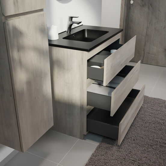 Linie Lado meuble salle de bains à poser 80 x 46 cm chêne gris avec Vano plan simple en marbre composite noir mat