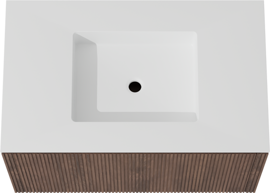 Balmani Eclips zwevend badkamermeubel 90 x 55 cm Amerikaanse notelaar met Tablo Stretto enkele wastafel in Solid Surface mat wit, Verticale symmetrische rechte ribbel