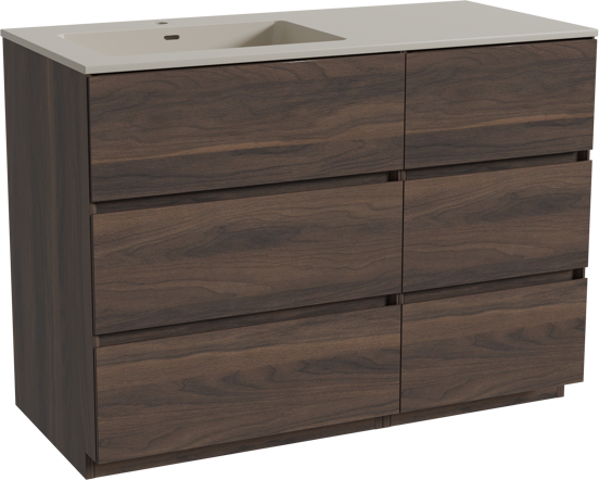 Storke Edge staand badkamermeubel 110 x 52 cm notelaar met Diva asymmetrisch linkse wastafel in top solid zijdegrijs