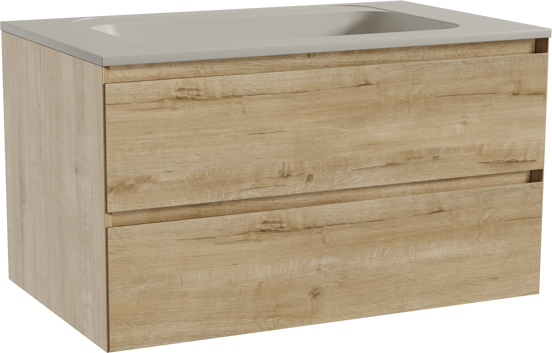 Balmani Mitra hängendes Möbelstück Set: 90 x 55 cm, Rohe Eiche, mit Tablo Strada Einzelwaschtisch, Marmorkomposit Seidengrau