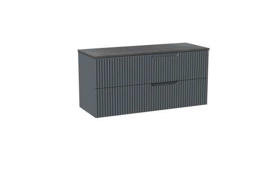 Linie Ribbo meuble salle de bains suspendu 120 x 46 cm bleu anthracite avec Lado tablette simple ou double en mélaminé ardoise gris, Nervure circulaire symétrique verticale
