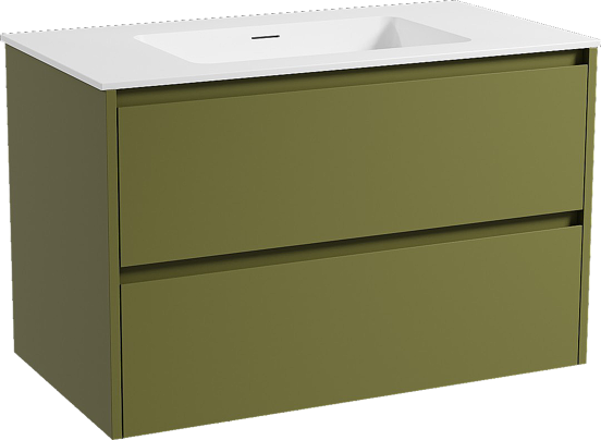 Storke Seda zwevend badkamermeubel 95 x 52 cm olijfgroen met Mata enkele wastafel in solid surface mat wit