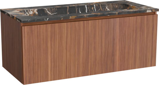 Balmani Sfera hängendes Möbelstück Set: 120 x 55 cm, Amerikanischer Nussbaum, mit Tablo Arcato Einzelwaschtisch für 2 Armaturenlöcher, Marmor Portoro Gold