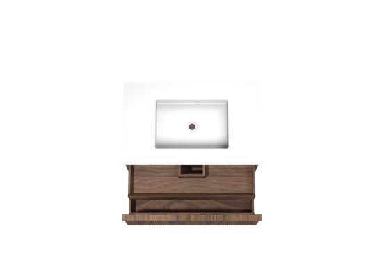 Balmani Forma zwevend badkamermeubel 90 x 55 cm amerikaanse notelaar met Tablo Stretto enkele wastafel in solid surface mat wit, Verticale symmetrische rechte ribbel