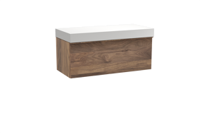 Balmani Forma zwevend badkamermeubel 120 x 55 cm amerikaanse notelaar met Dominus enkel of dubbel tablet in solid surface mat wit, Horizontale symmetrische rechte ribbel