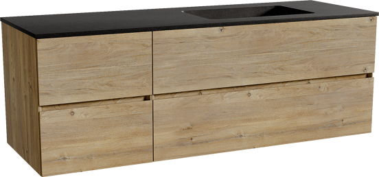 Storke Edge zwevend badmeubel 150 x 52 cm ruw eiken met Scuro asymmetrisch rechtse wastafel in kwarts mat zwart
