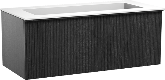 Balmani Forma zwevend badkamermeubel 120 x 55 cm zwarte eik met Tablo Stretto enkele wastafel voor 2 kraangaten in solid surface mat wit, Verticale symmetrische rechte ribbel
