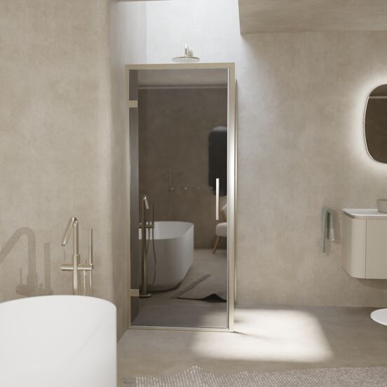 Balmani Senses Design douchehoek met linkse draaideur en vaste zijwand, 90 x 100 cm, Reflex spiegelglas, Brushed CoolMetal profielen, met coating