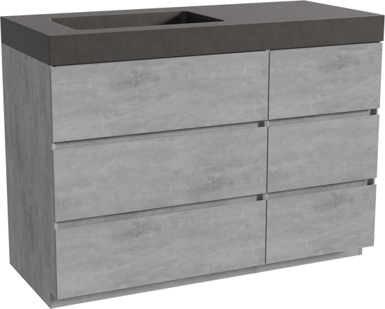 Storke Edge meuble salle de bains à poser 120 x 52 cm béton gris foncé avec Scuro High vasque asymétrique gauche en quartz noir mat