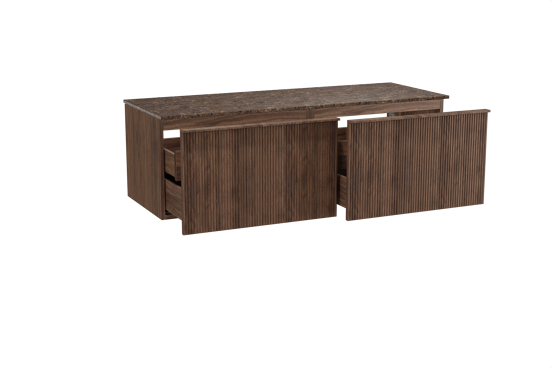 Balmani Forma hängendes Möbelstück Set: 150 x 55 cm, Amerikanischer Nussbaum, mit Stretto Einzel- oder Doppel Waschtischplatte, Marmor, Dark Emperador, Vertikale symmetrische gerade Rippe