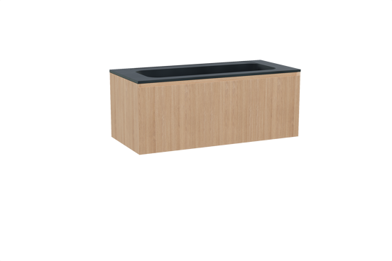 Balmani Fila hängendes Möbelstück Set: 120 x 55 cm, Naturbelassene Eiche, mit Tablo Strada Einzelwaschtisch für 2 Armaturenlöcher, Marmorkomposit, Schwarz matt, Vertikale symmetrische gerade Rippe