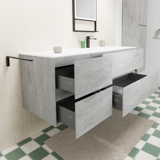 Storke Edge meuble salle de bains suspendu 140 x 52 cm béton gris foncé avec Mata plan vasque asymétrique à droite en solid surface blanc mat