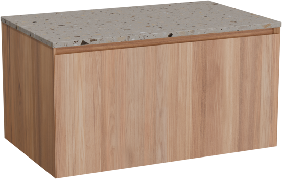 Balmani Idra hängendes Möbelstück Set: 90 x 55 cm, Teak, mit Stretto Einzel Waschtischplatte, Terrazzo in Greige
